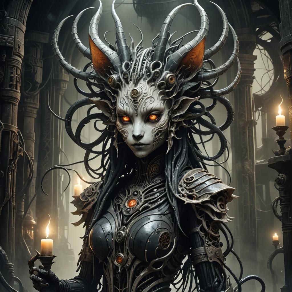 Lovecraftian Biomechanical Kitsune in Giger Style Temple