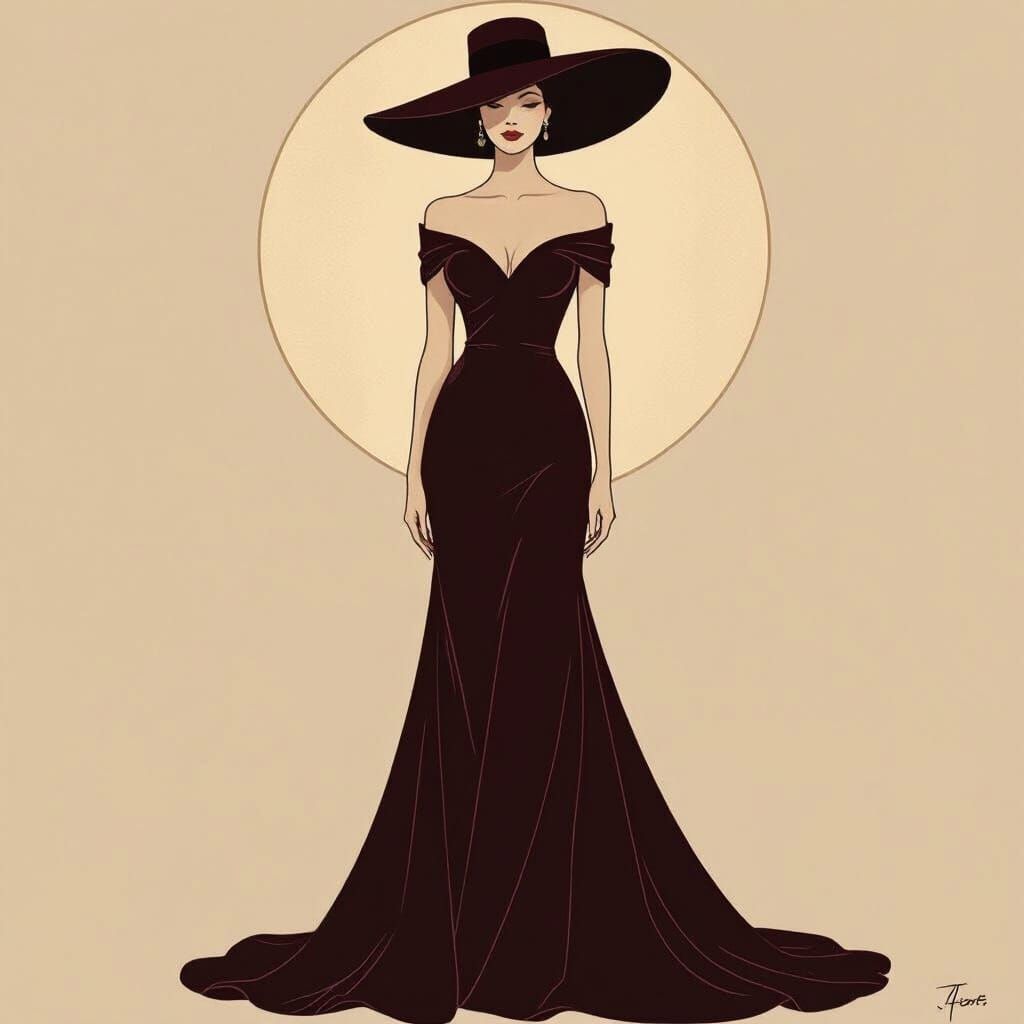 Elegant Female Silhouette in Burgundy Gown and Hat
