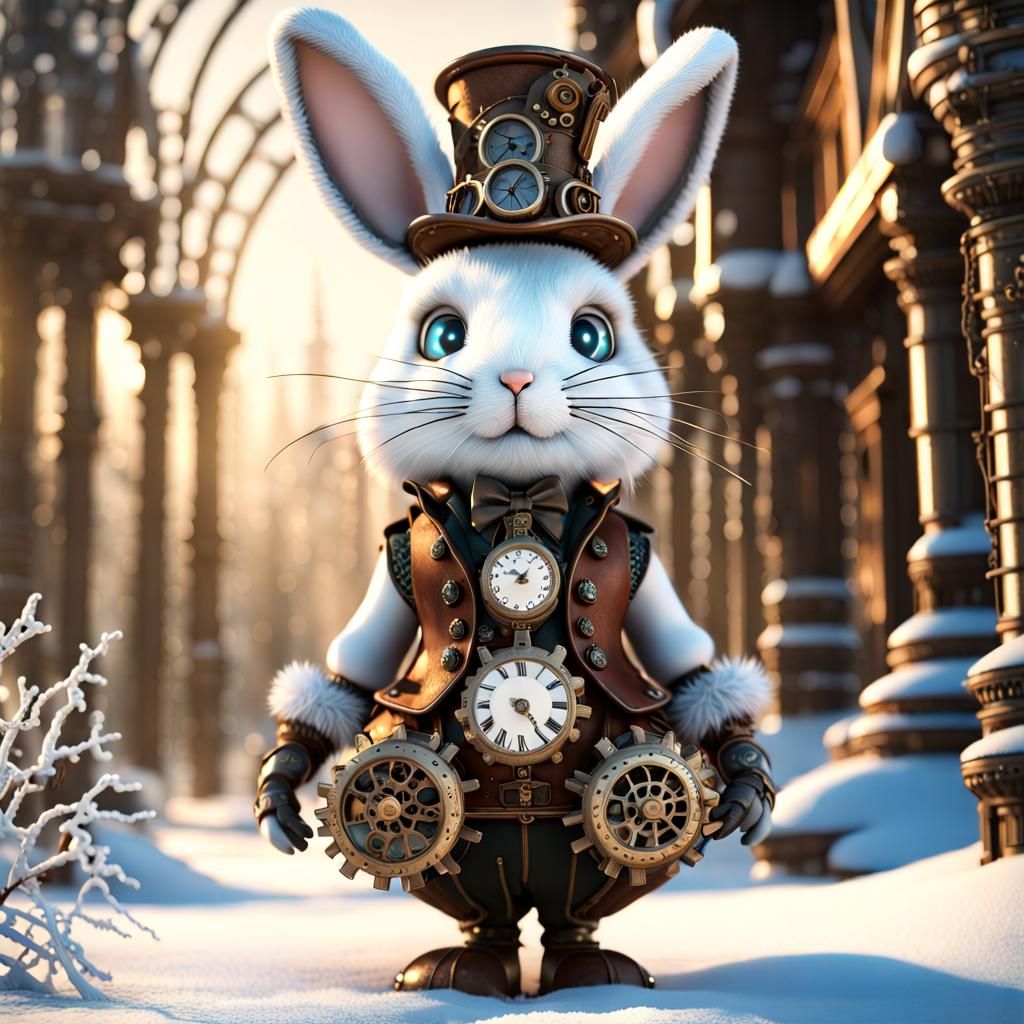 Steampunk Rabbit in Winter Wonderland: Intricate Anime Art