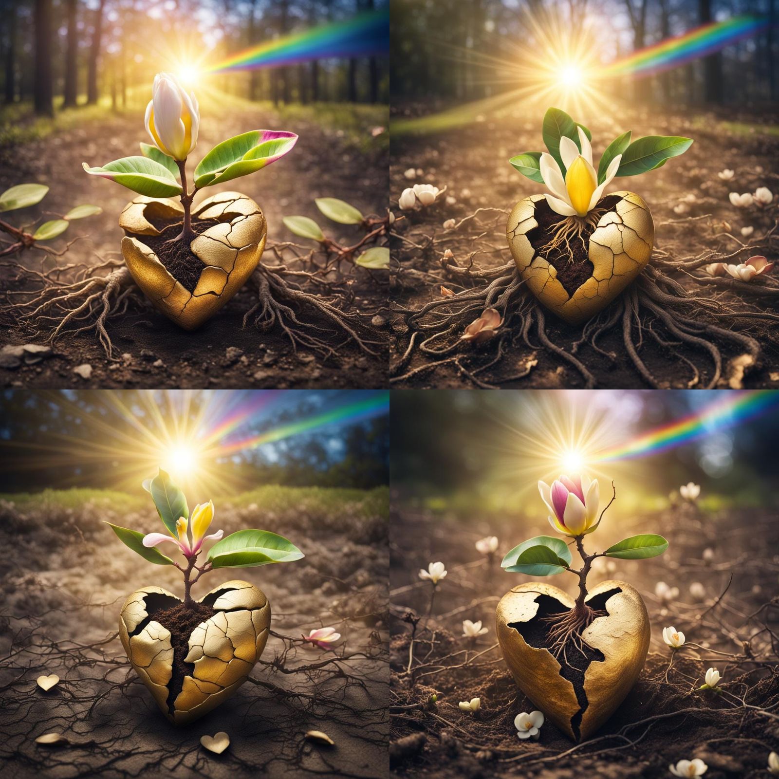 Blooming Magnolia and Cracked Seed Pod in Sunlight