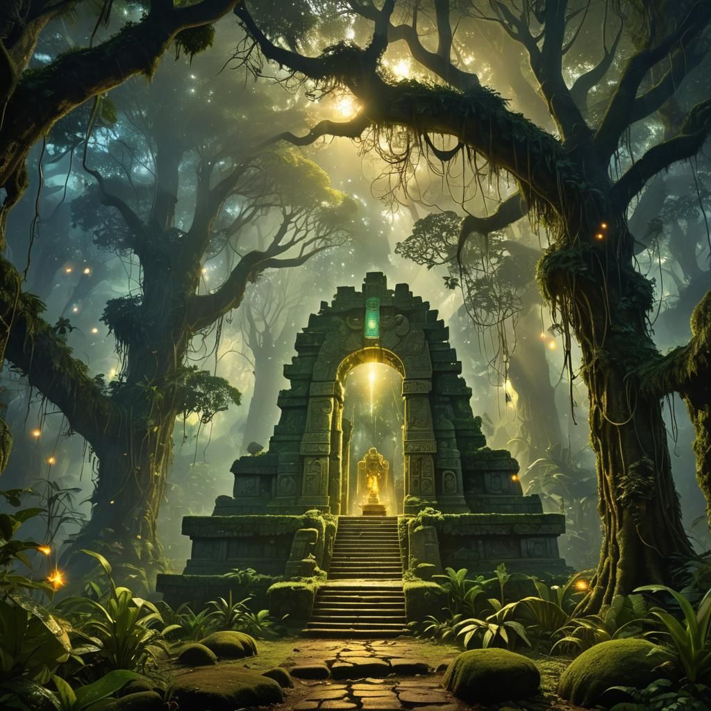 Mystical Rainforest Scene with Aztec Temple Ruins