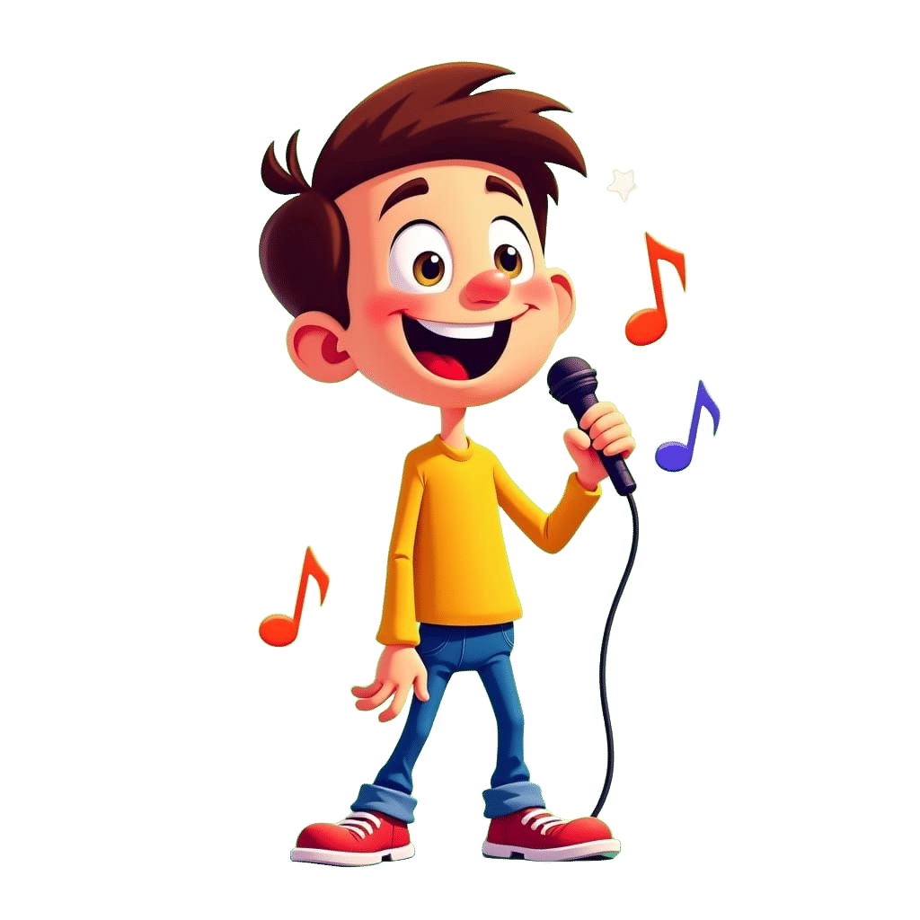 Cartoon Boy Singing on Green Background