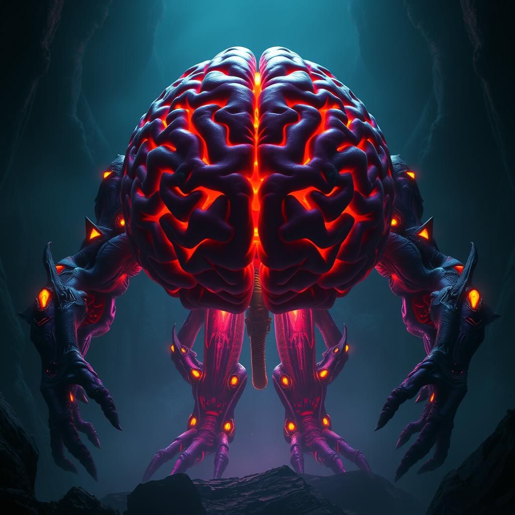 Humanoid Brain Emerges from Shadows in Dark Fantasy