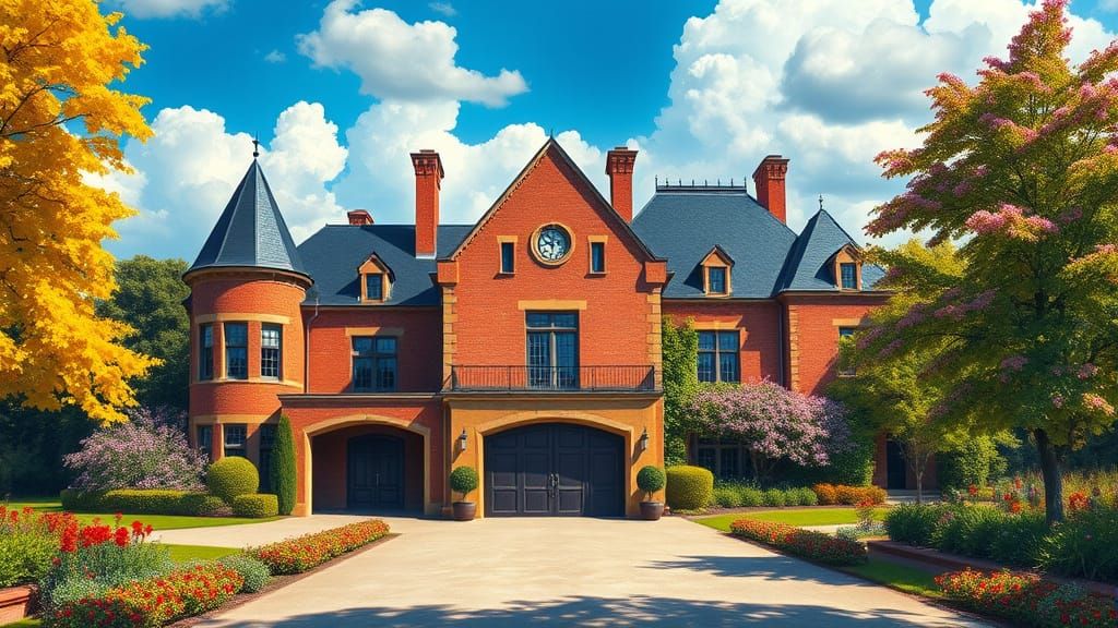Grand Brick Chateau with Vibrant Garden and Painterly Style
