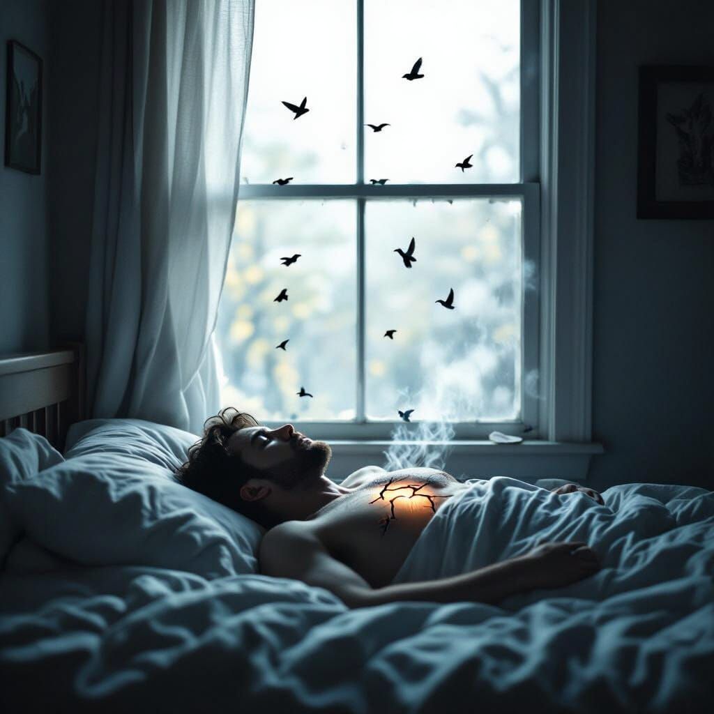 Man in Dim Bedroom Contrasted by Sunny Day