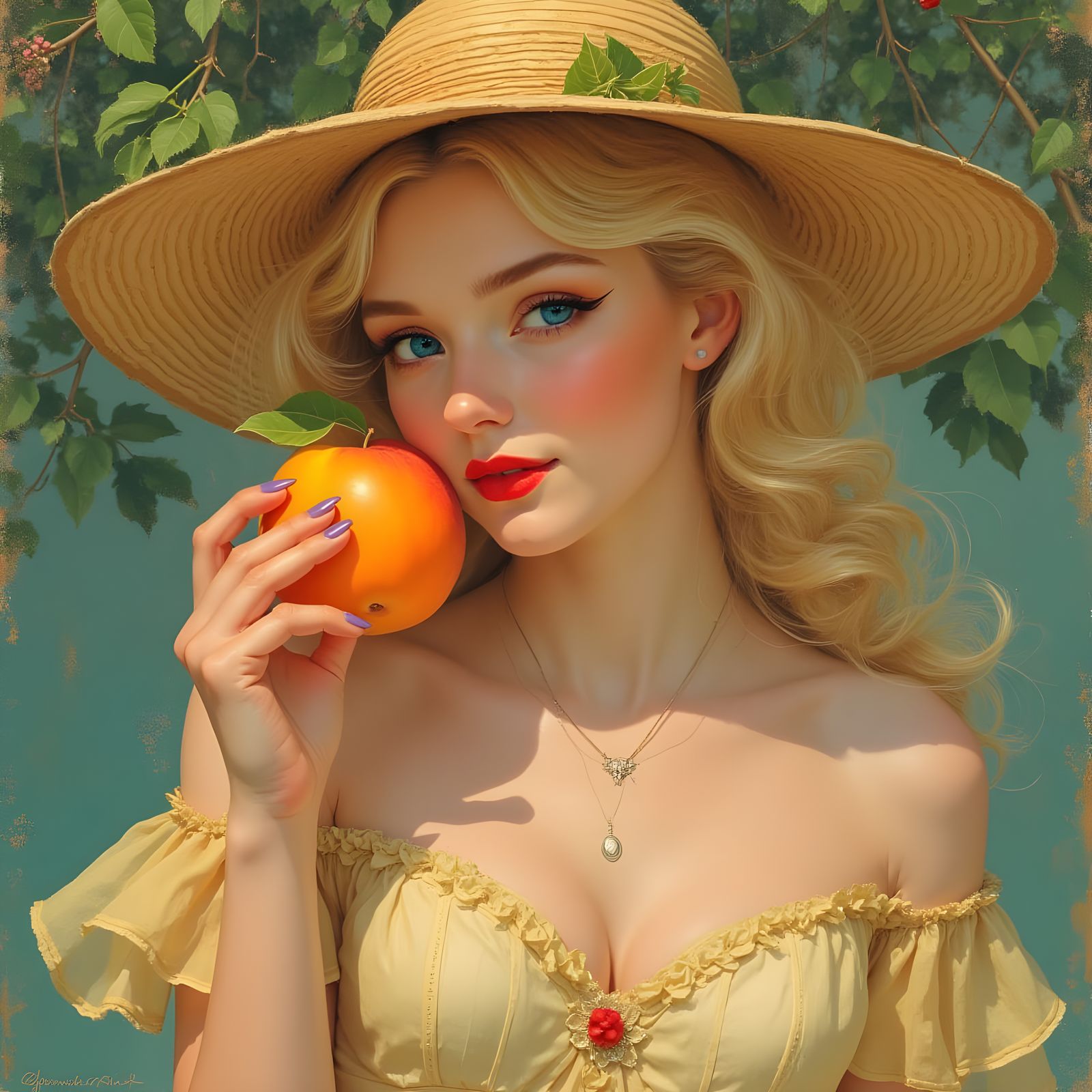 Blonde Woman with Blue Eyes Eating Fruit