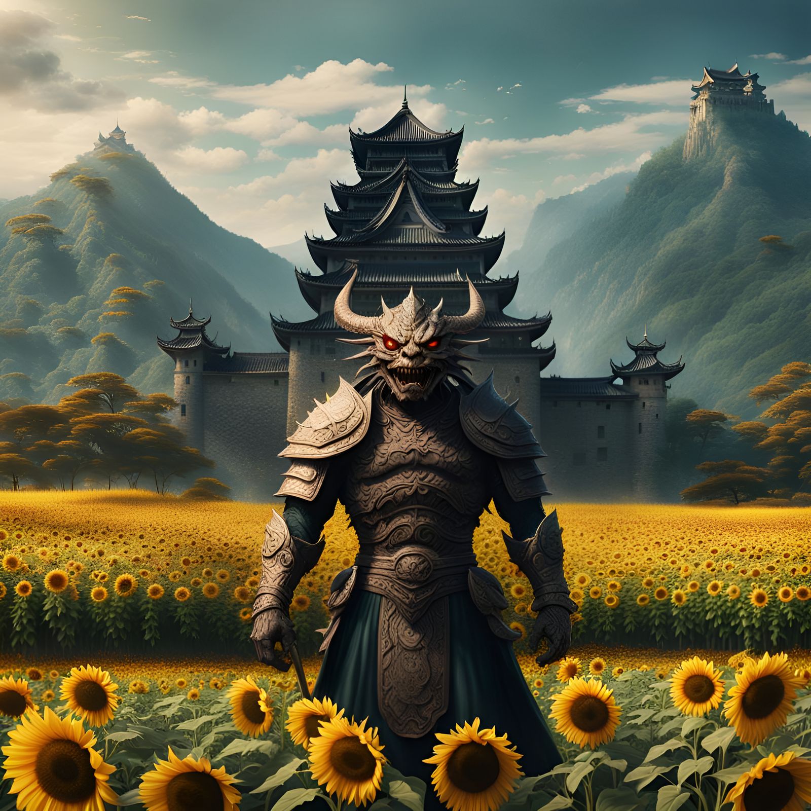 Kappa Demon in Sunflower Field: Digital Matte Painting
