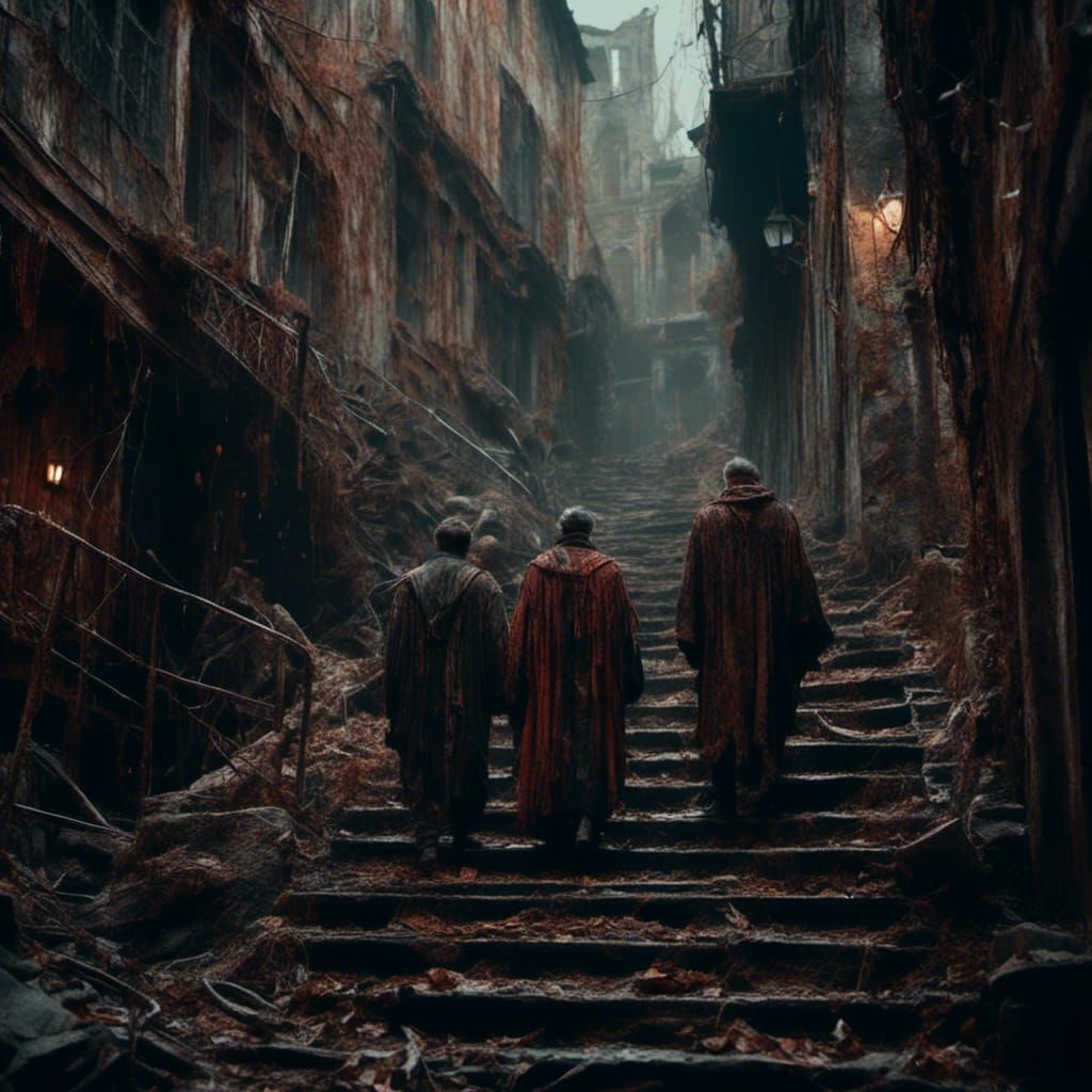 Men in Robes in Alleyway, Detailed Digital Painting