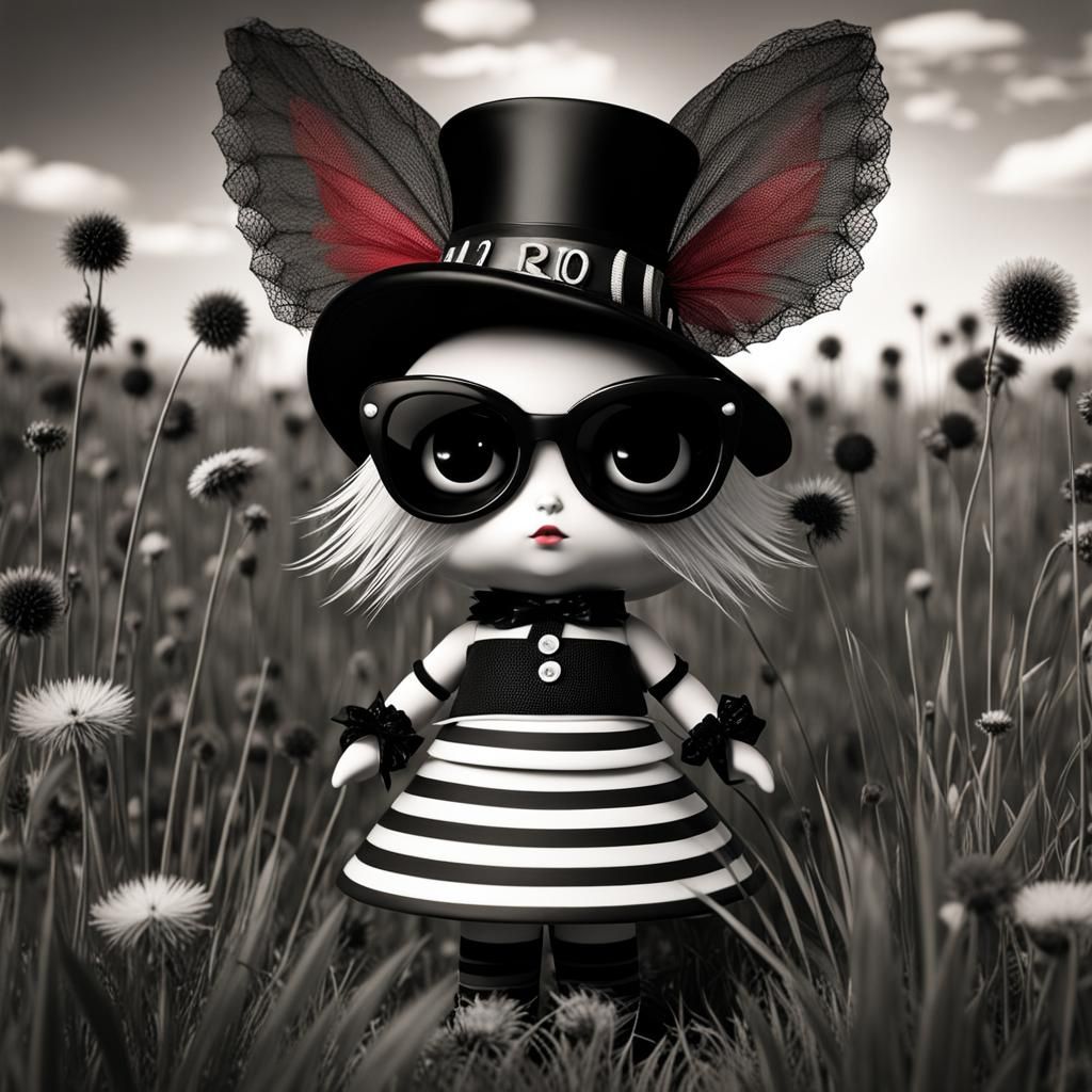 Chibi 3D Female big eyed  cat girl 
goth  doll , Black and w...