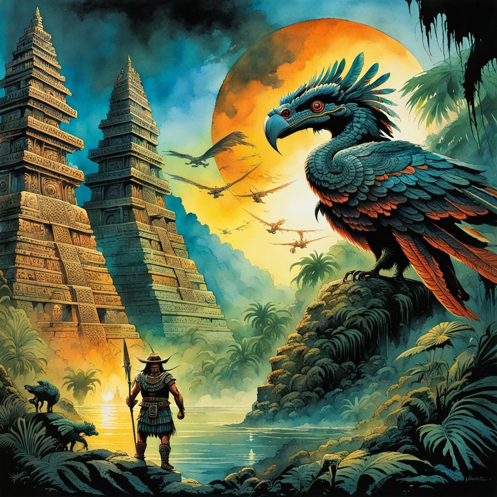 Mayan Aztec and Feathered Serpent in Watercolor Style