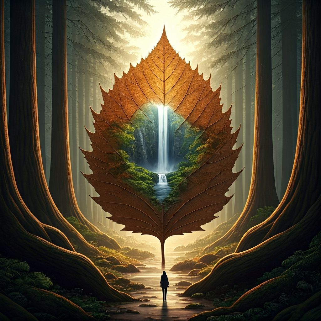 Giant Autumn Leaf Portal in Magical Forest