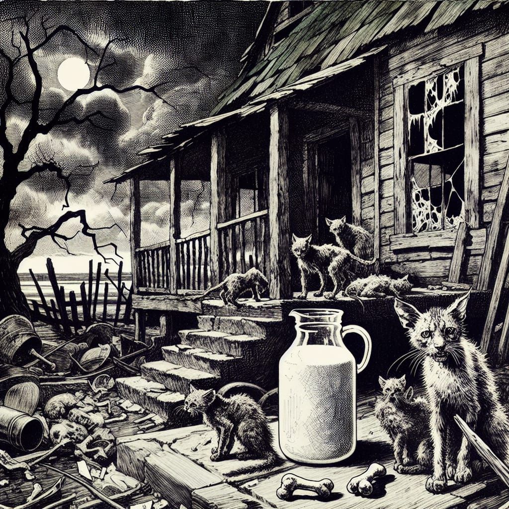 Eerie Residential Scene with Cats in Oil Painting Style