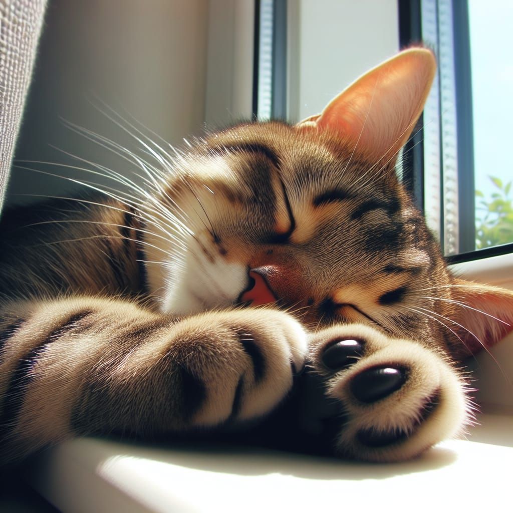 Cute Tabby Cat Asleep on Windowsill with Paw Over Nose
