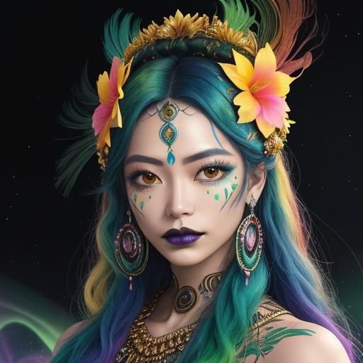 Golden Woman with Peacock Feathers in Surreal Garden