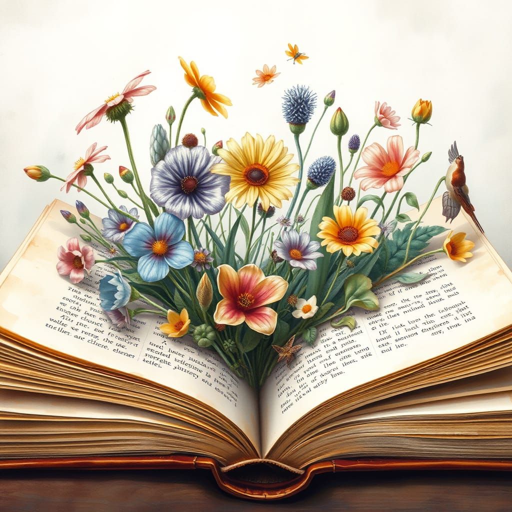 Whimsical Flowers Unfold from Ancient Book Pages