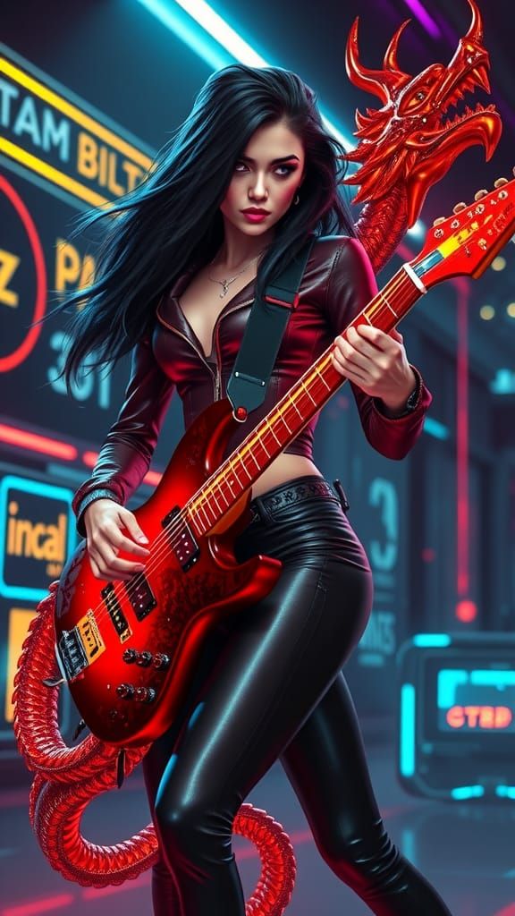 Cyberpunk Musician Plays Crimson Dragon Guitar