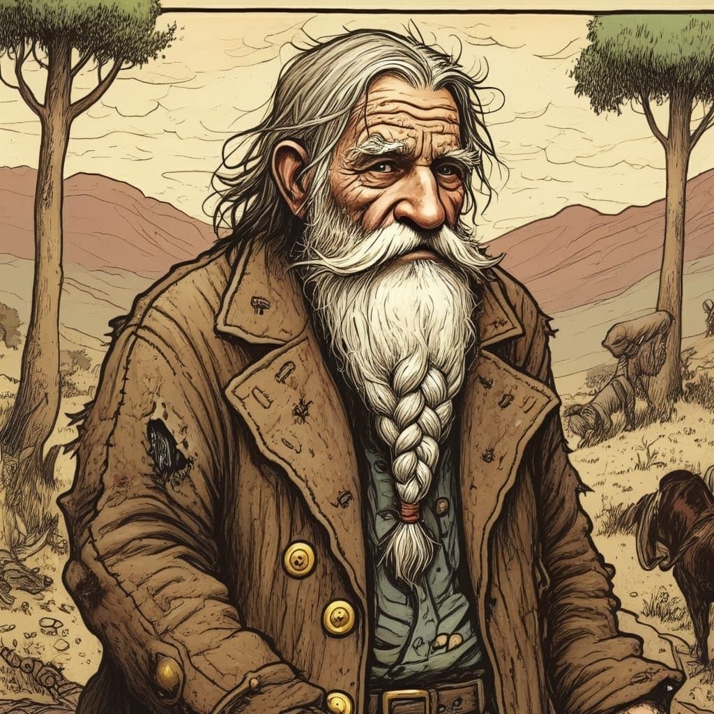 Cartoon Old Man with Extra-Long Beard, in Comix Style