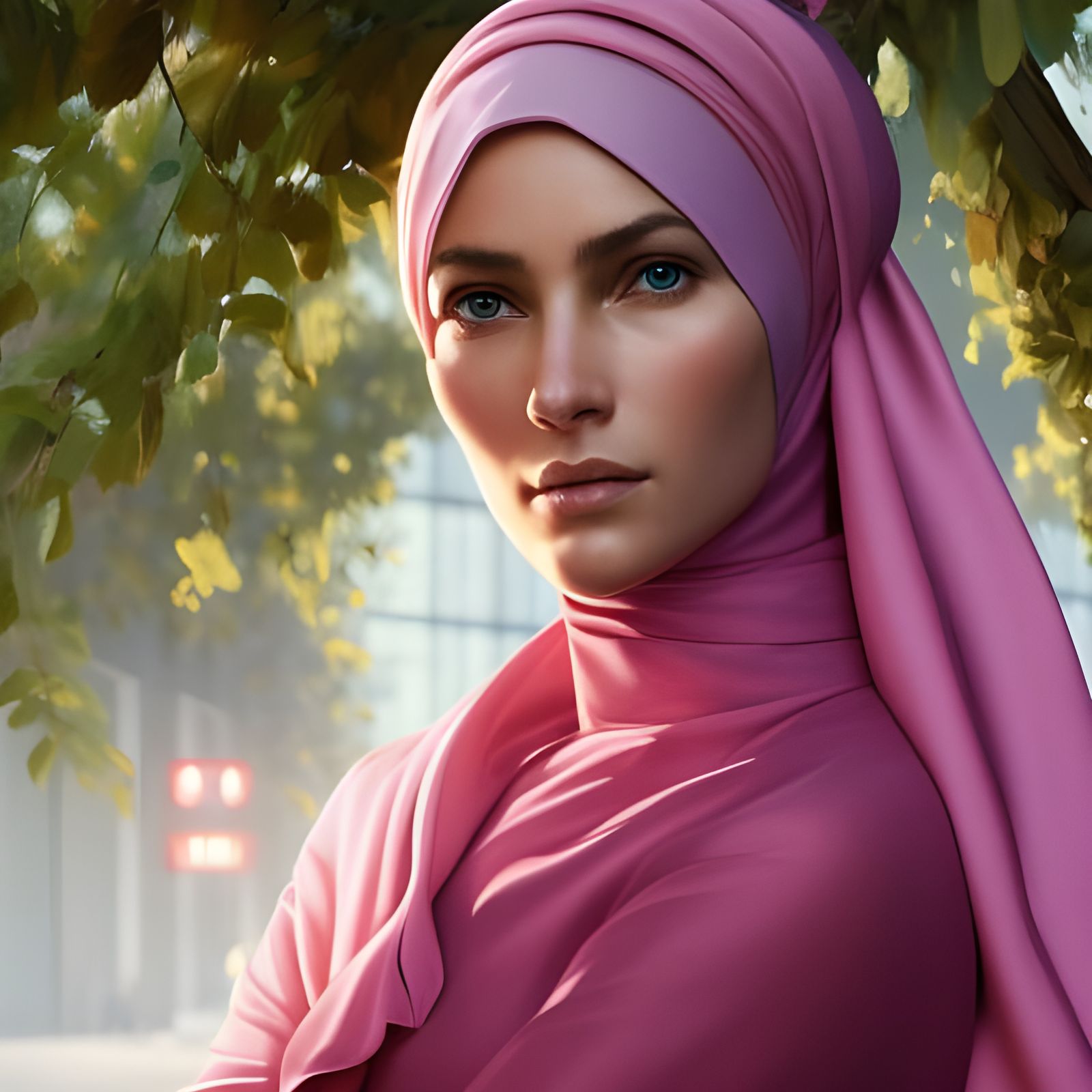 German Woman in Pink Hijab, Hyperdetailed Portrait