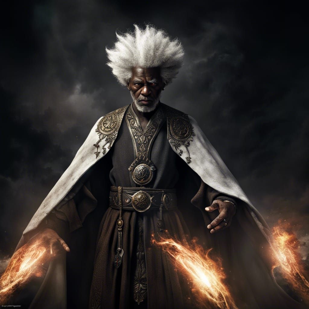 Intimidating Black Cleric Sorcerer with Fire Eyes