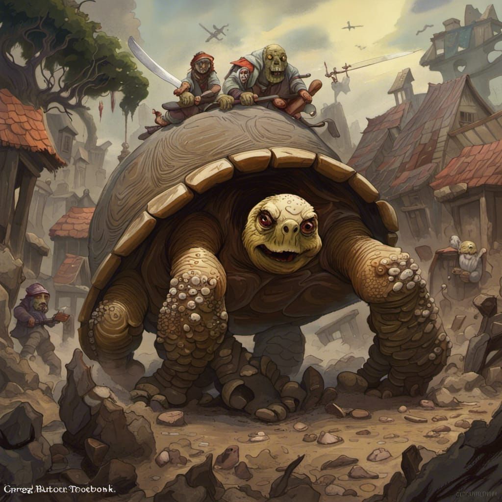 Zombie Tortoise Destroys Village: Sinister Fantasy Art