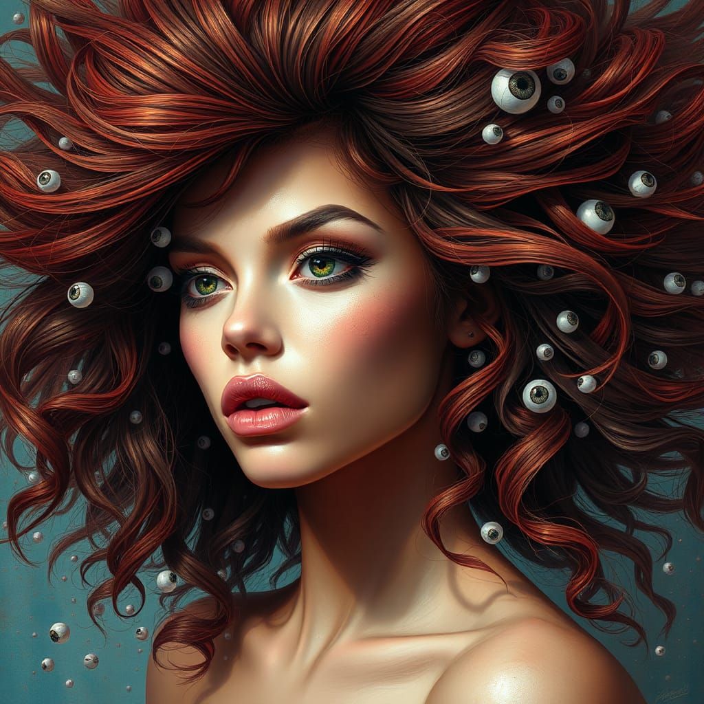 Supermodel with Eyeball Hair: Hyperrealistic Splash Art