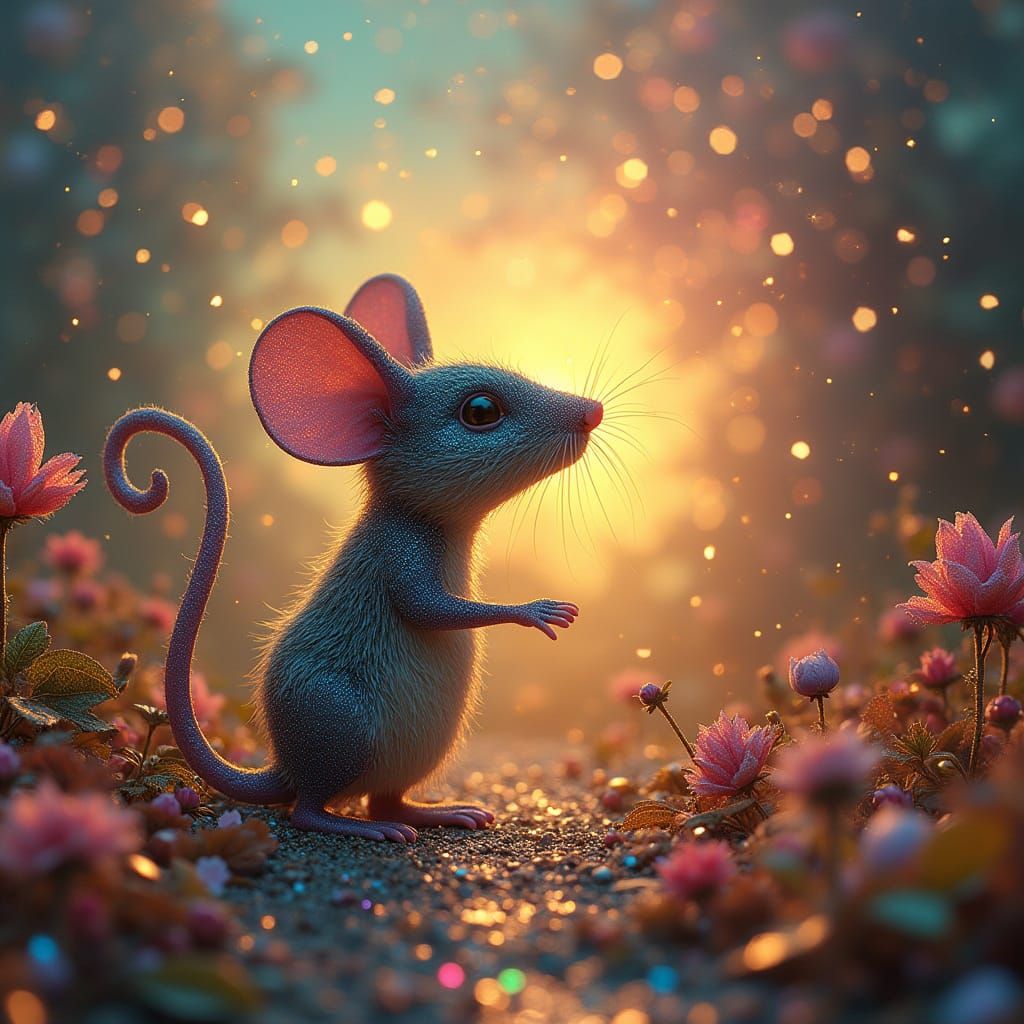 Surreal Mouse in a Glittering Sunrise Dreamscape