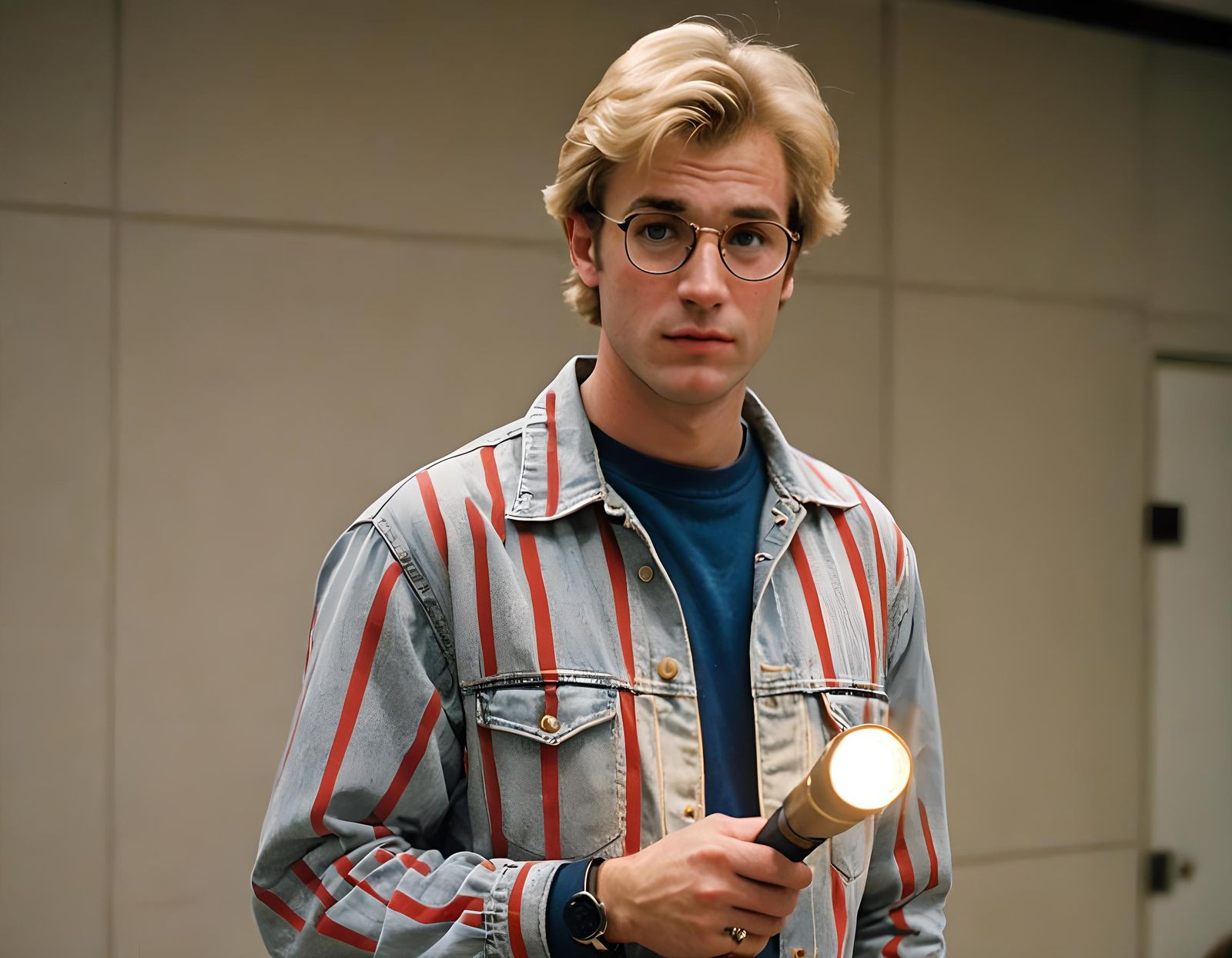 Man in 80s Attire Holding Flashlight in Hallway