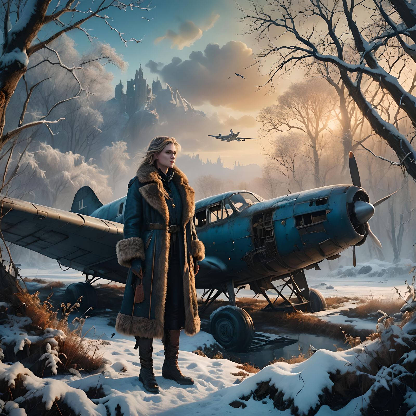 Nordic Woman in Abandoned Plane: Fantasy Concept Art