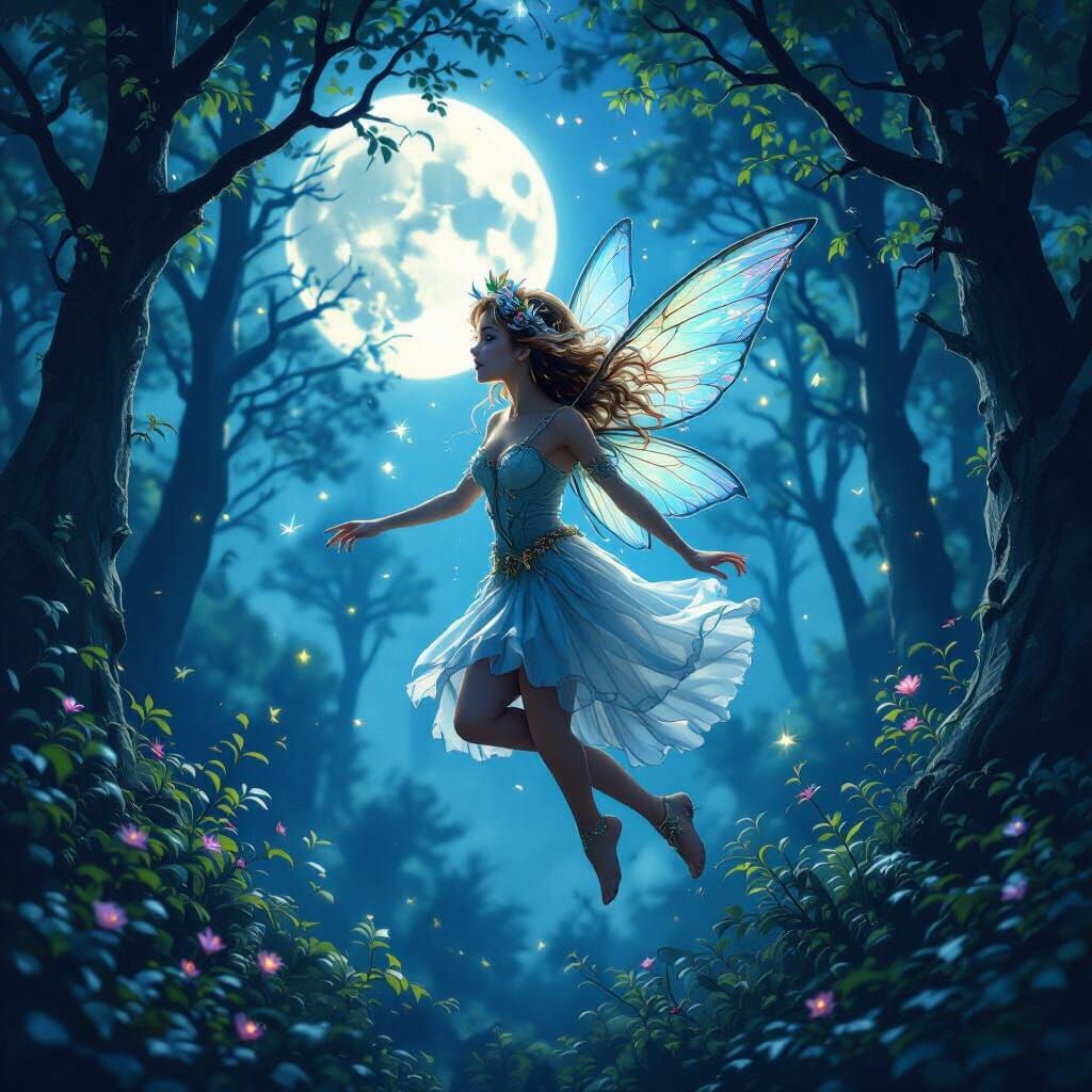 Magical Forest Fairy Flying Under Full Moon