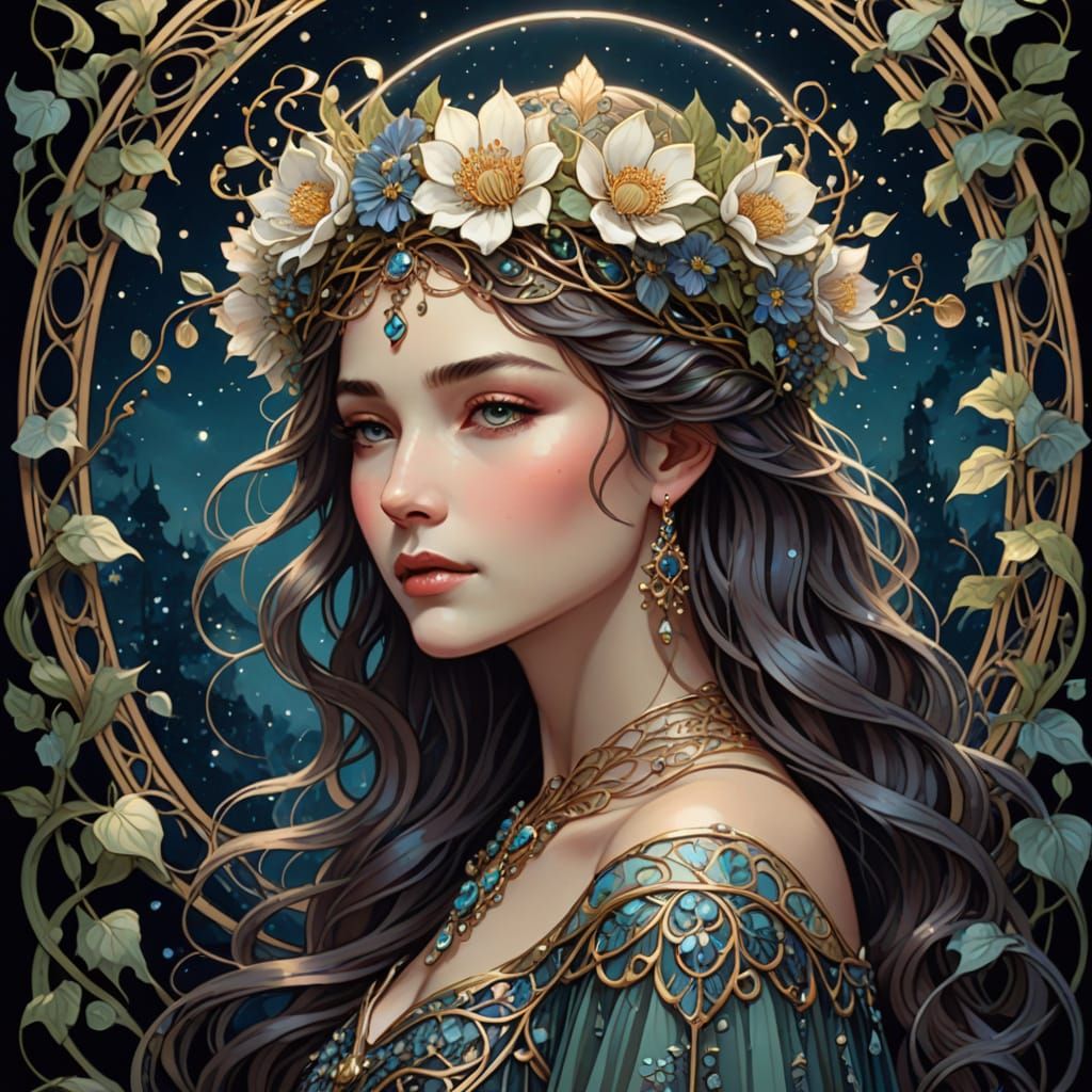 Art Nouveau Queen with Living Vine Crown