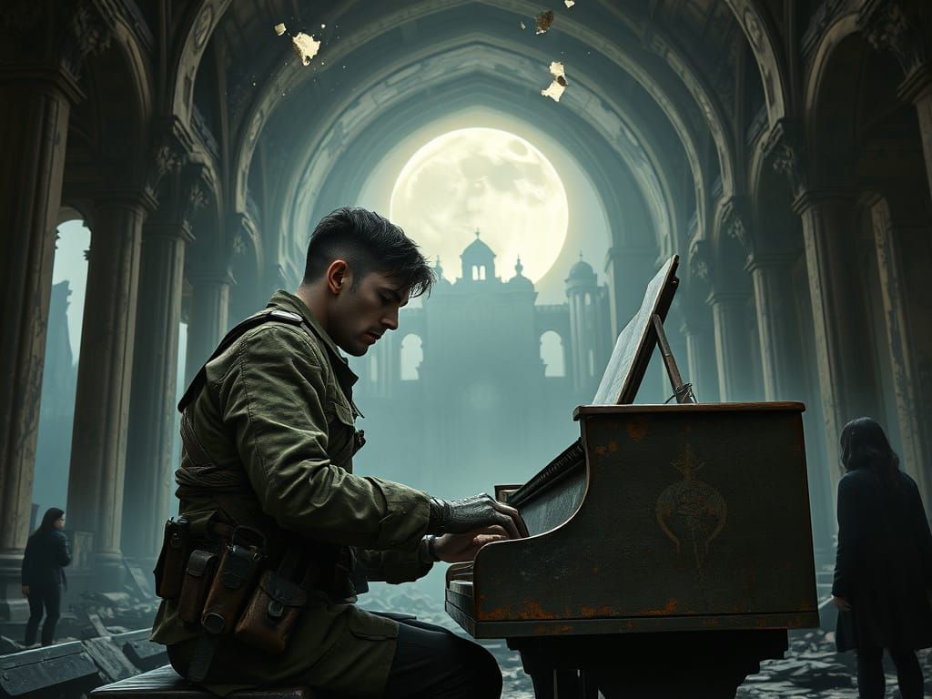 Soldier Plays Piano Under Shattered Moonlight in Ruined Temp...