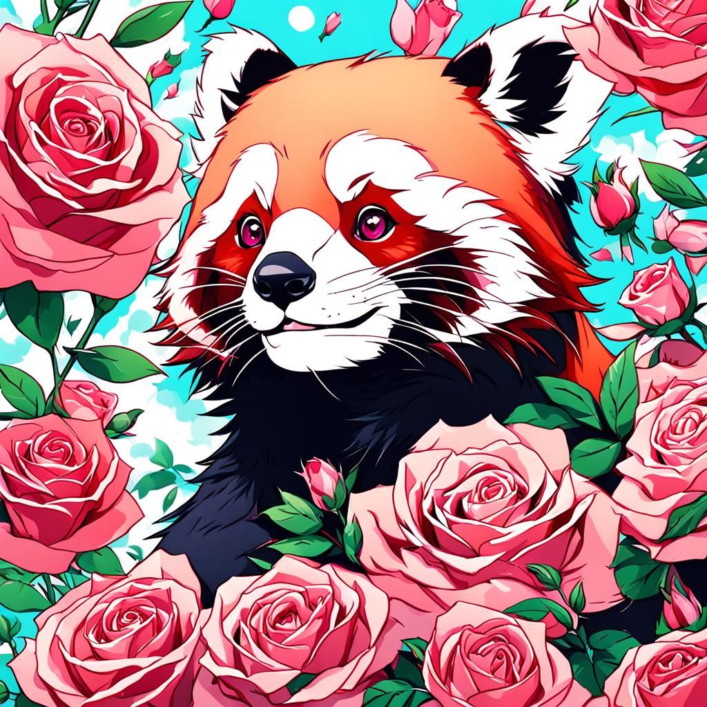 Red Panda with Roses in Anime Style