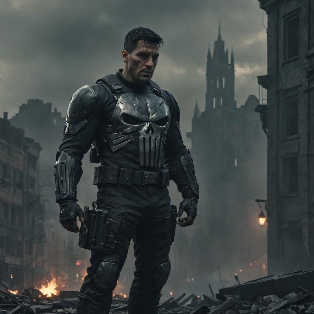 Furious Punisher in Gothic Cityscape: Epic Fantasy Art
