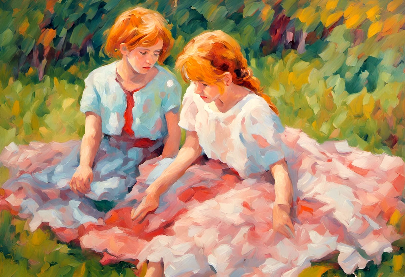 Two girls,  neo-impressionism expressionist style oil painting, smooth post-impressionist impasto acrylic painting, thic...