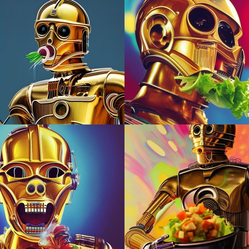 Hyperrealistic C3PO Laughing and Eating Salad