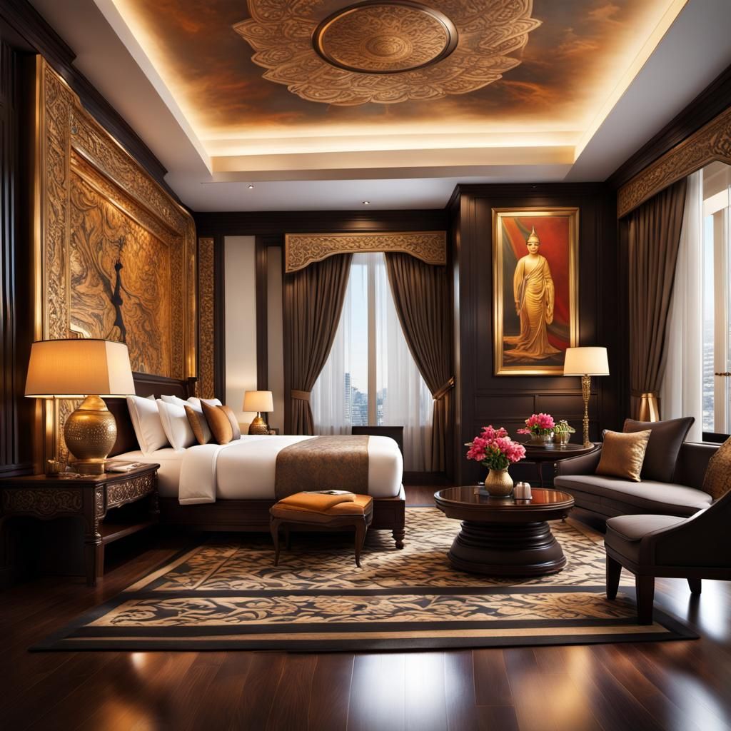 Luxury Thai Hotel Suite in Hyperrealistic Splash Art
