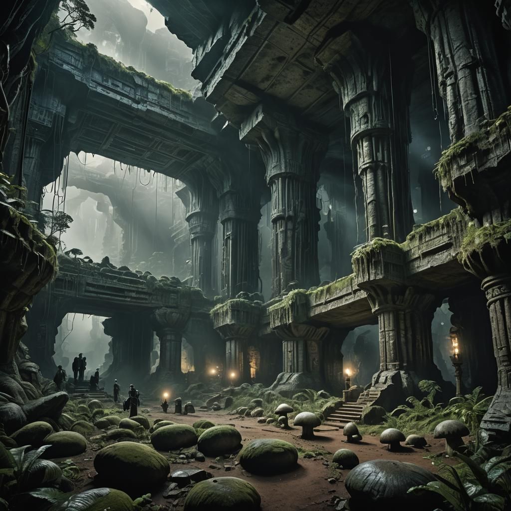 Lush Cave Entrance with Ancient Columns