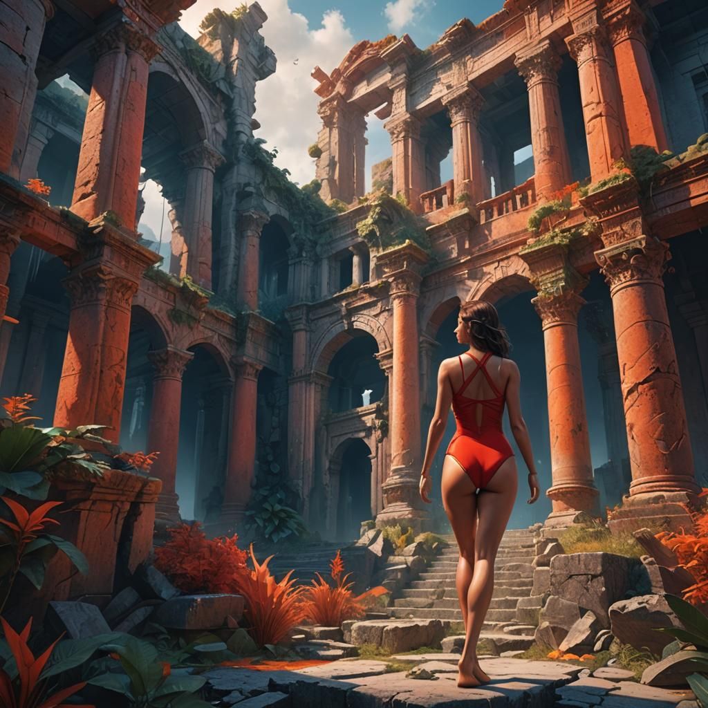 Giantess Transformation in Ancient Ruins, Art Nouveau