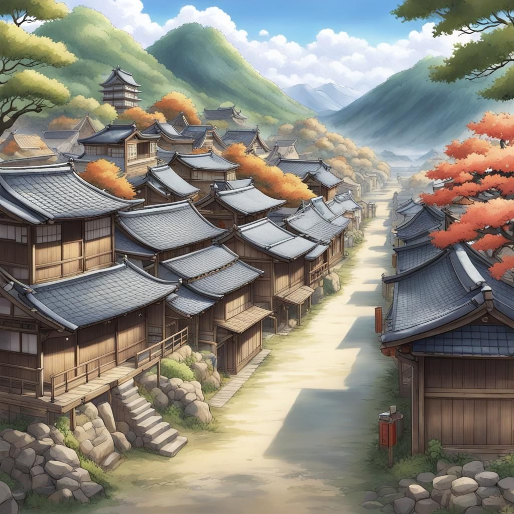 detailed historical Japanese village, by artist "anime", Anime Key Visual, Japanese Manga, Pixiv, Zerochan, Anime art, ...