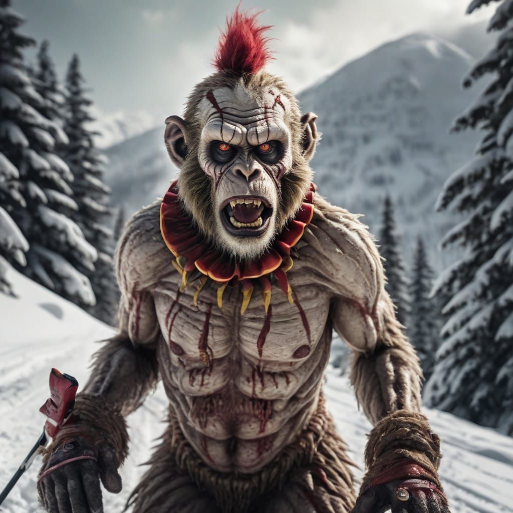Hyperrealistic Zombie Monkey Monster Clown Snow Skiing Exped...