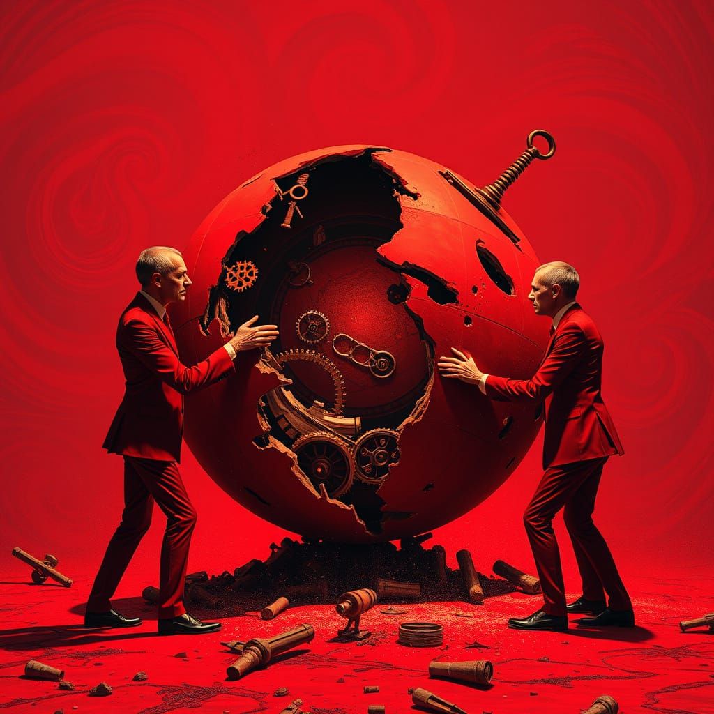 Surreal Men Repairing Clockwork Planet in Crimson Light