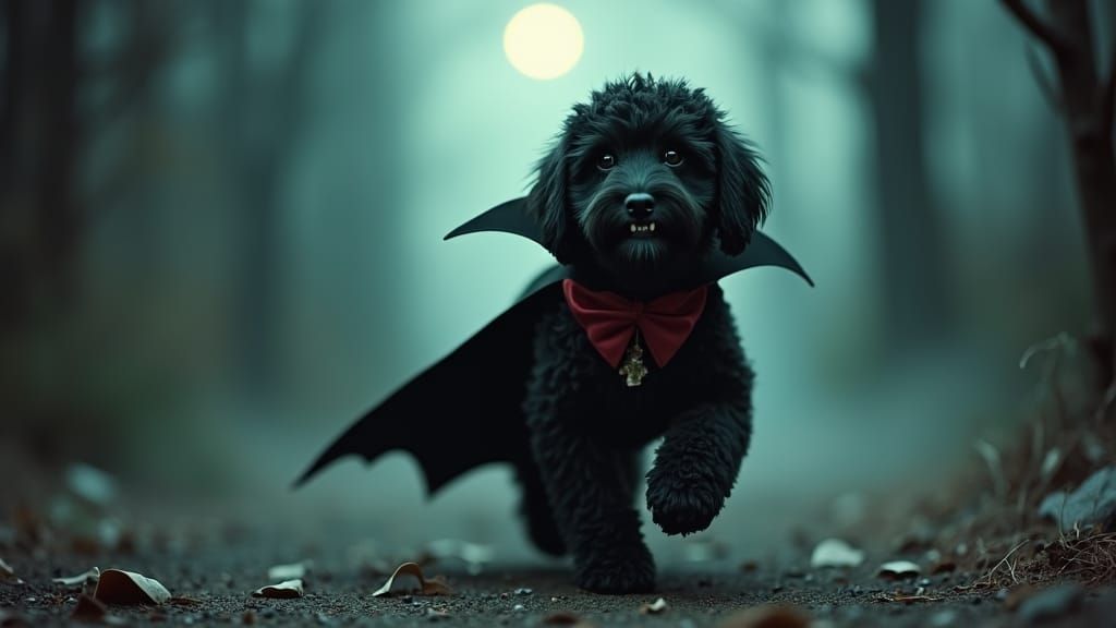 Black Labradoodle as Dracula in 1970s Eerie Scene