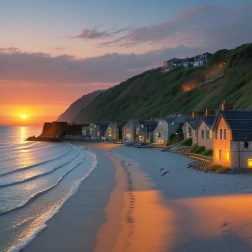 Seaside Village at Sunset: A Realistic Coastal Scene