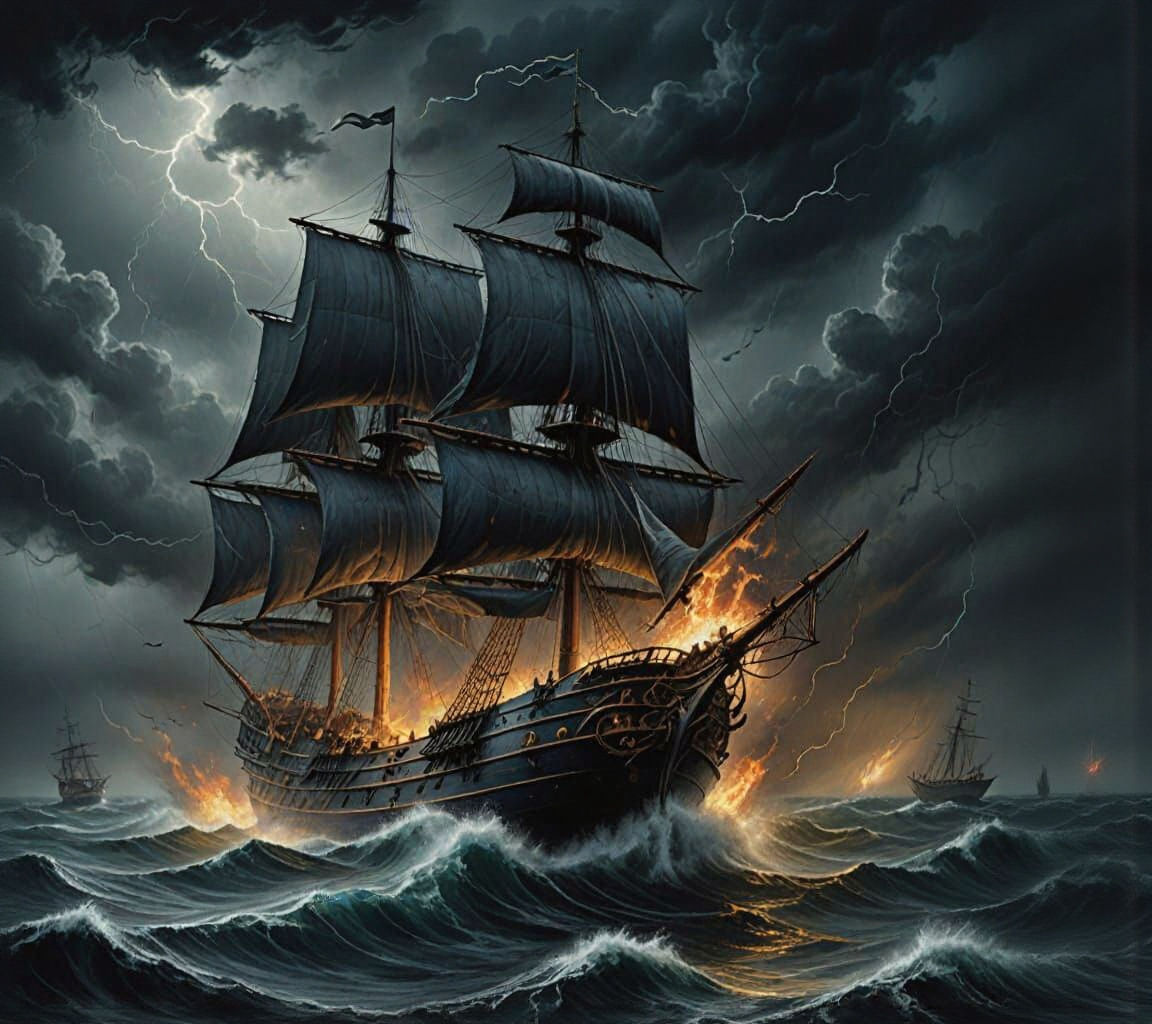Flying Dutchman in Stormy Seas: Gothic Oil Painting