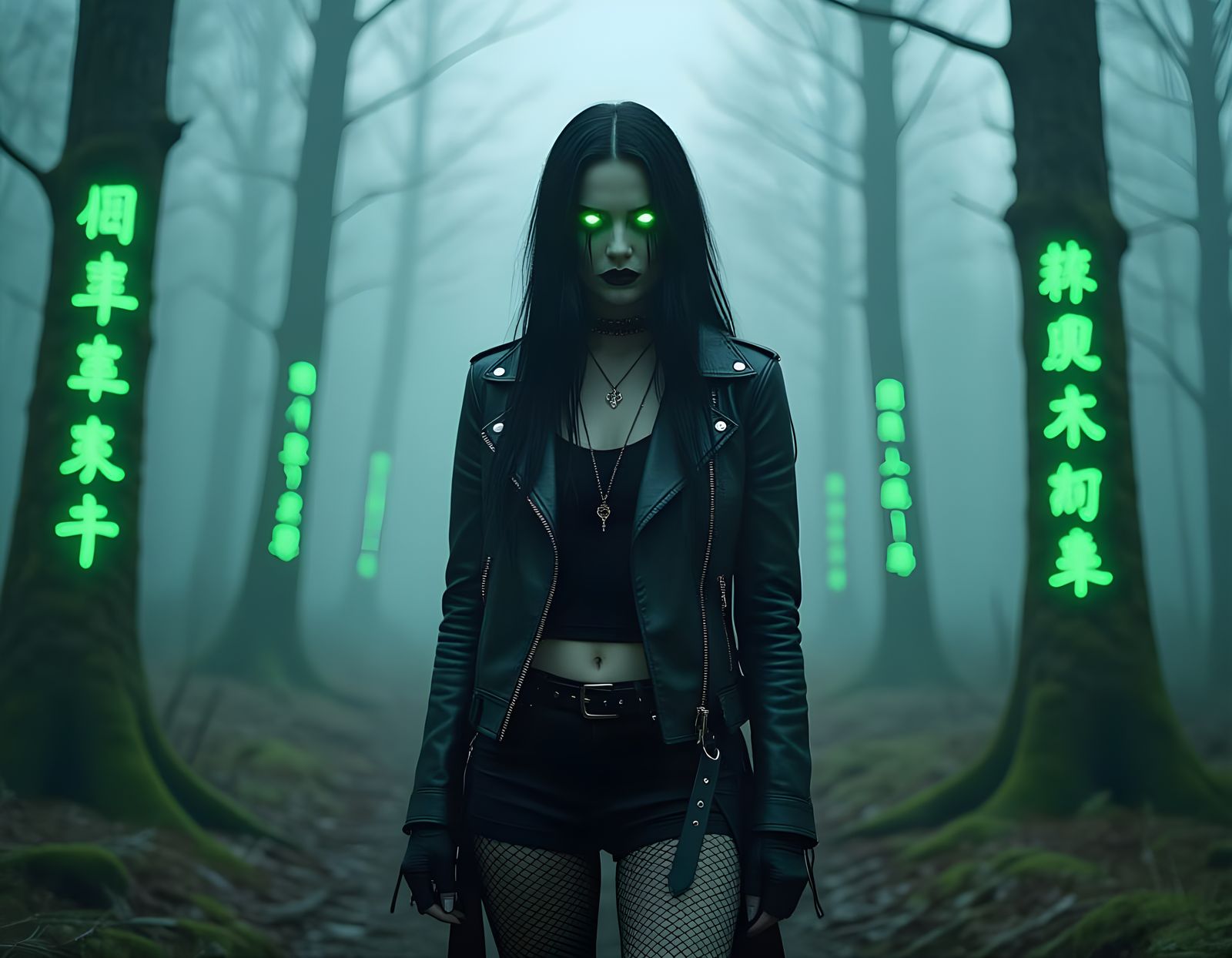 Goth Woman in Rune Forest with Glowing Eyes