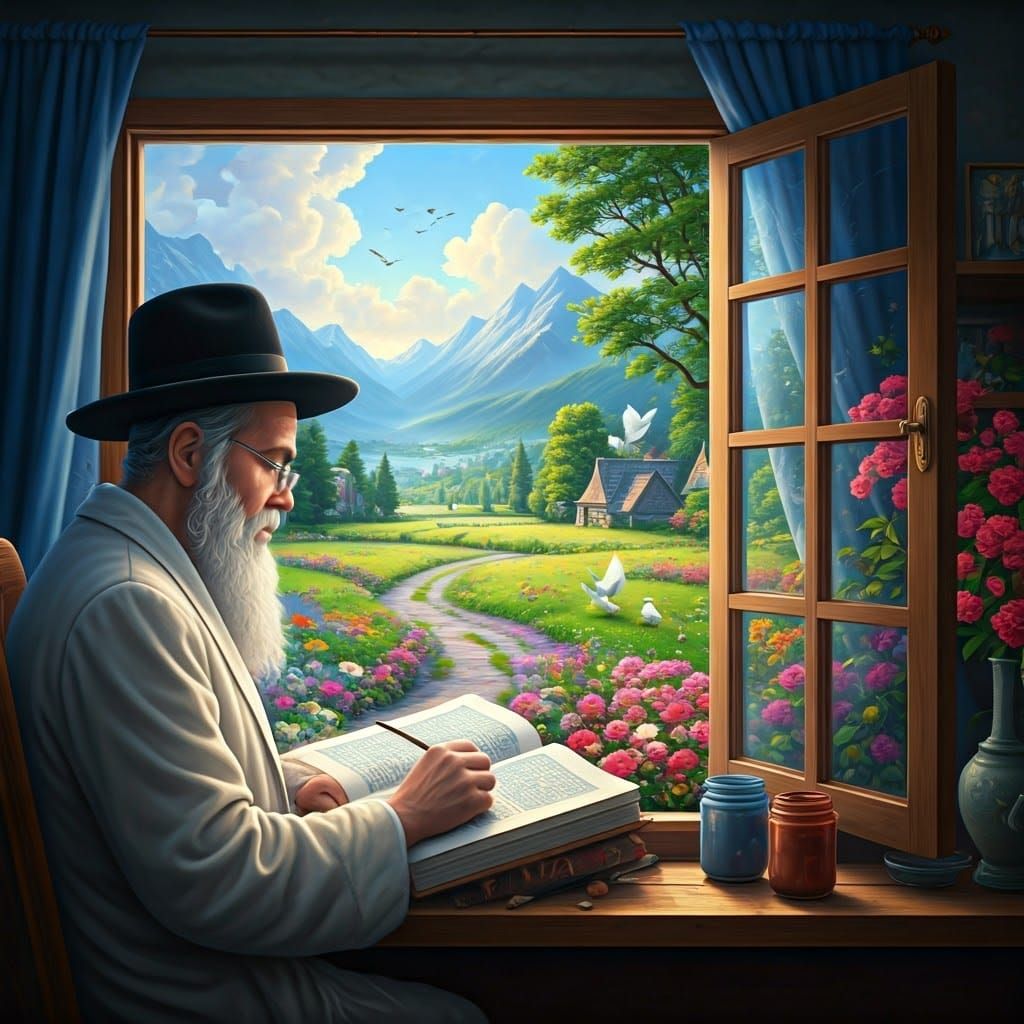 Hasidic Jew Studying Torah with Landscape Painting