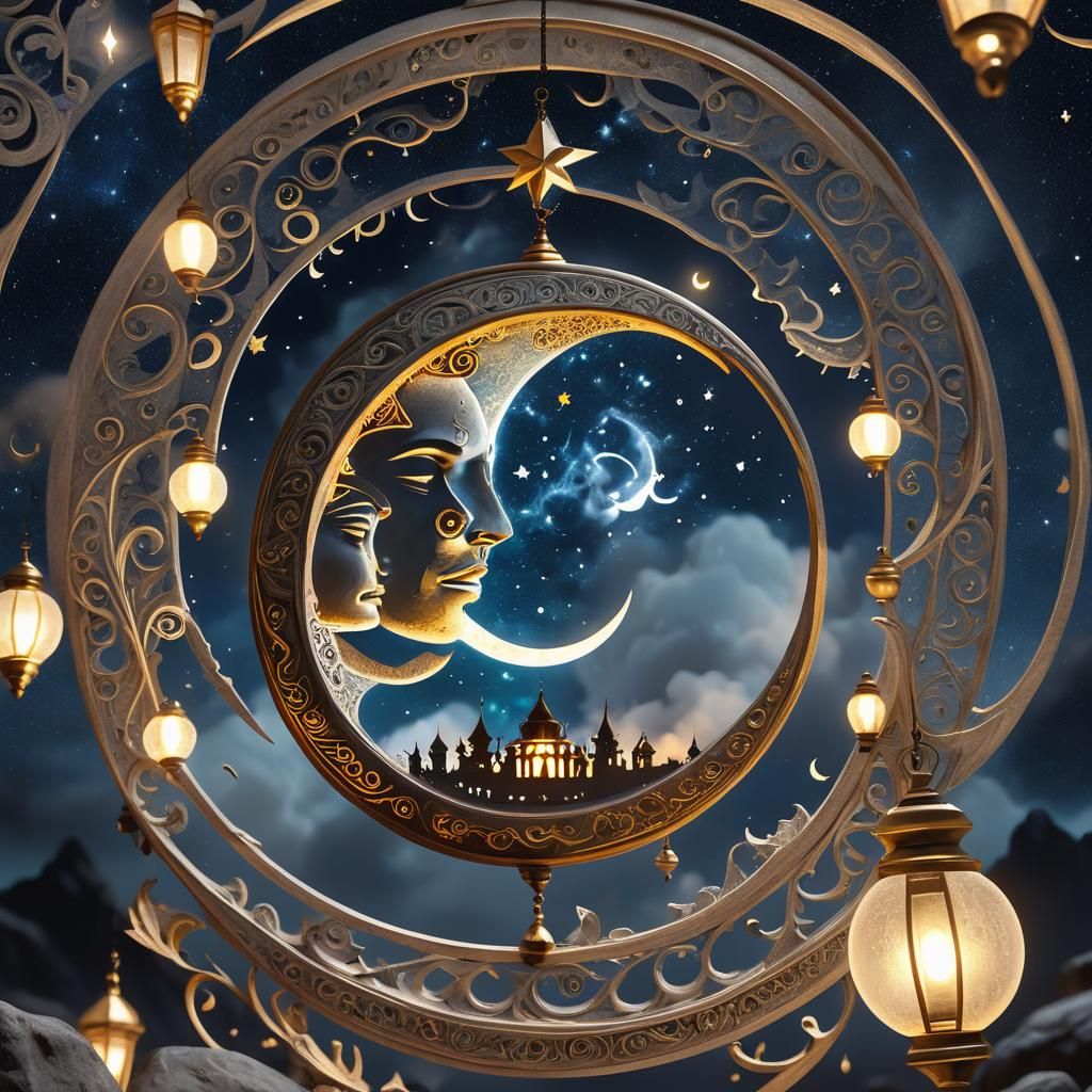 Night Gathering Under Starry Sky, Fantasy Art