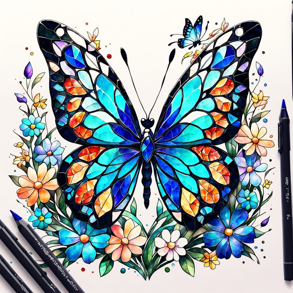 Surreal Cosmic Butterfly in Vibrant Watercolor Mosaic