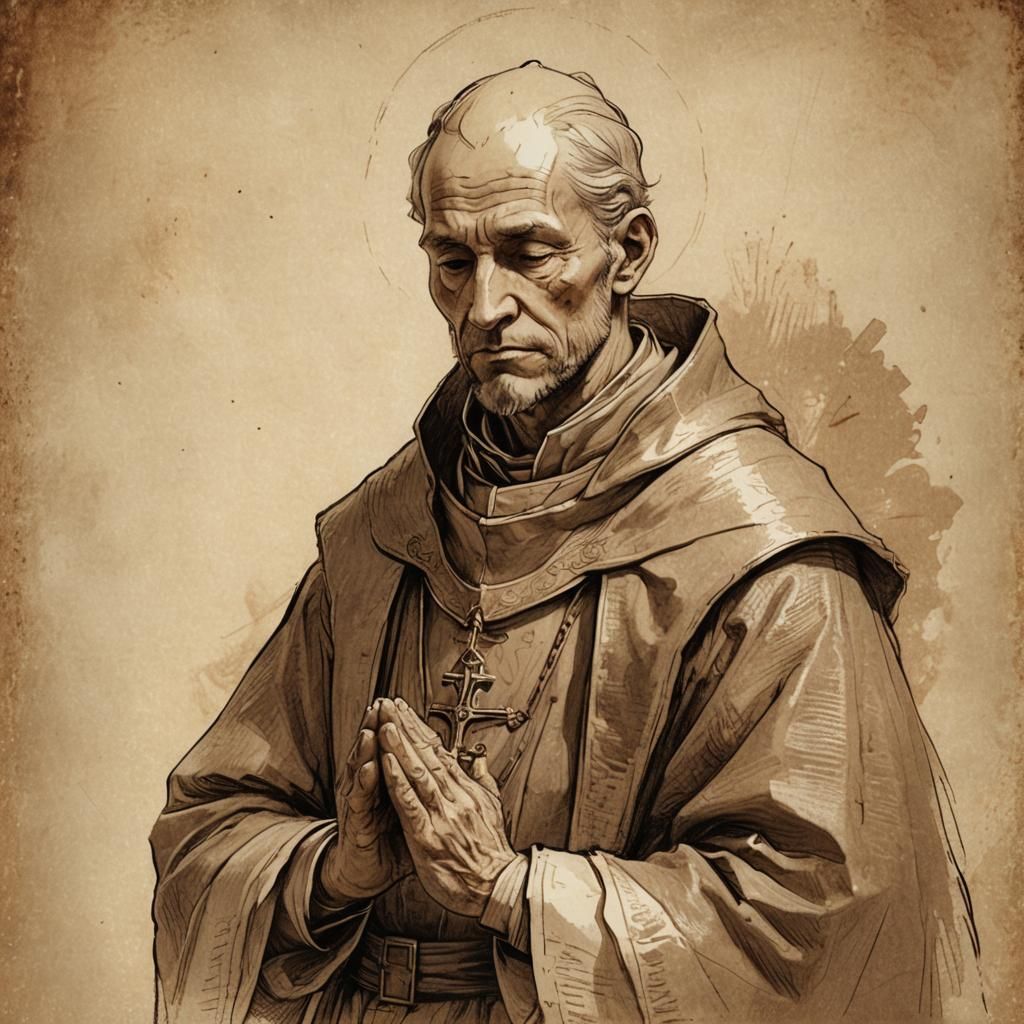 Sepia Sketch Portrait of Praying Male Cleric