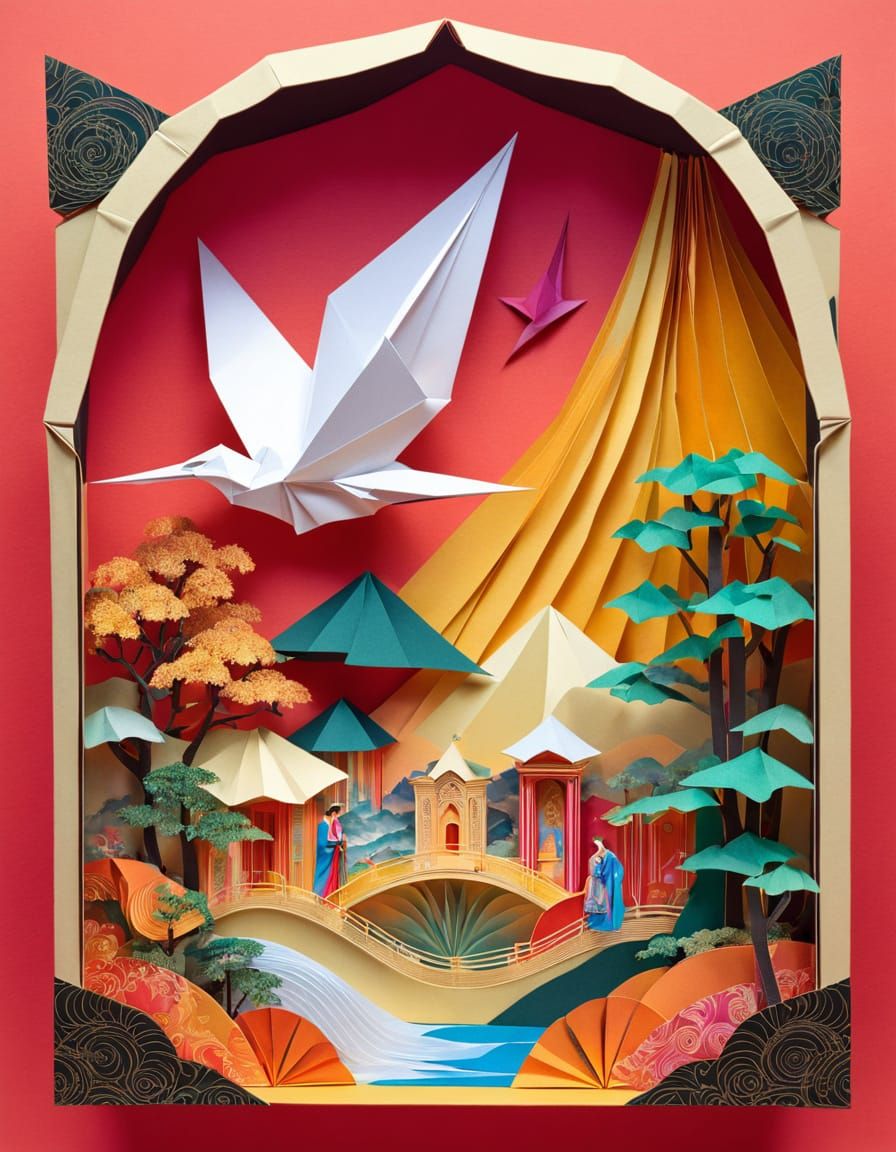 origami, collage, paper cutouts, paper art